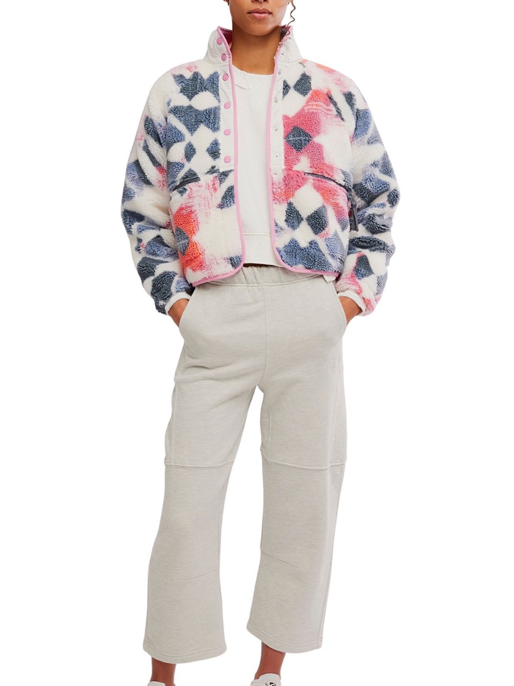 FP Movement Fleece Jacket Snap Front Cropped Slouchy Sherpa Pink Blue XS NWT - Picture 6 of 11